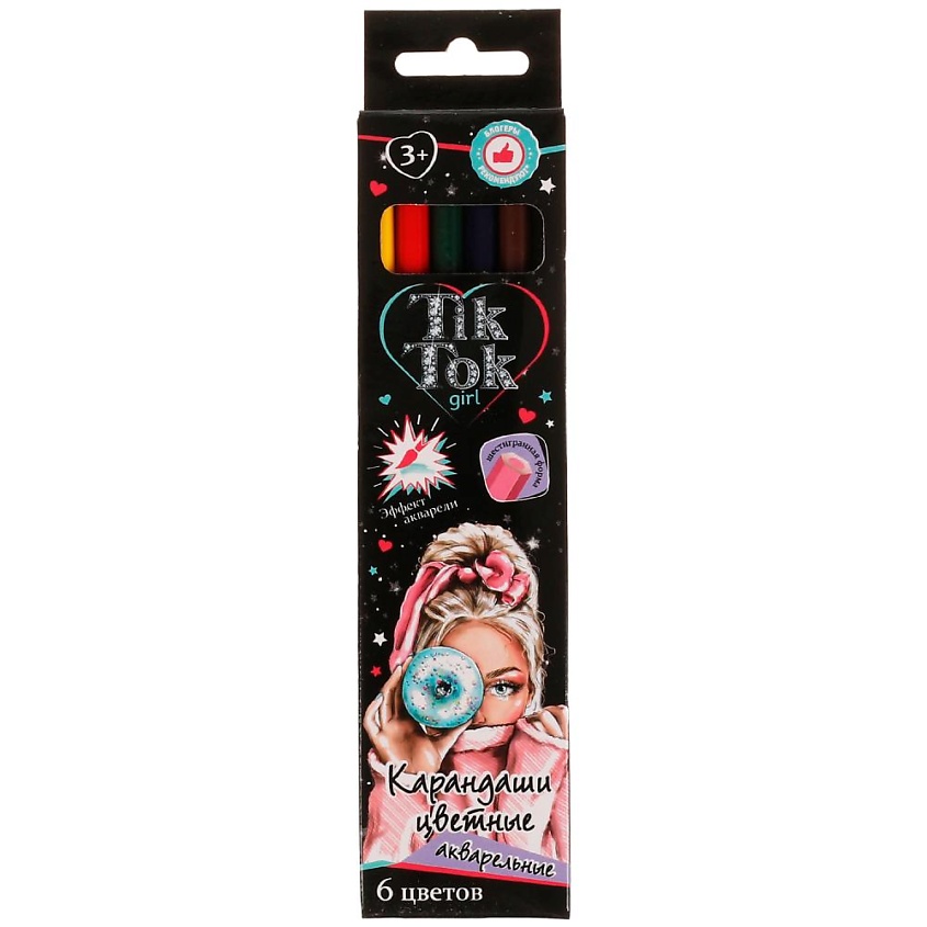 Изображение товара Акварельные цветные карандаши Tik Tok Girl набор 6 цветов для творчества