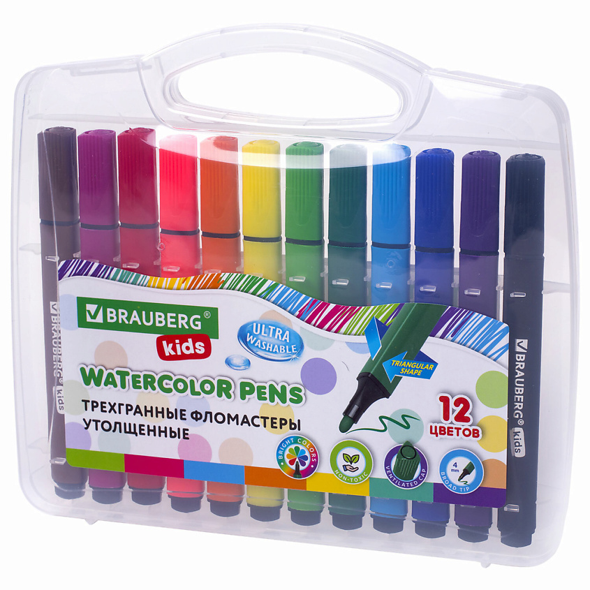 Изображение товара BRAUBERG Фломастеры трехгранные, утолщенные, ультрасмываемые KIDS, 12 шт.