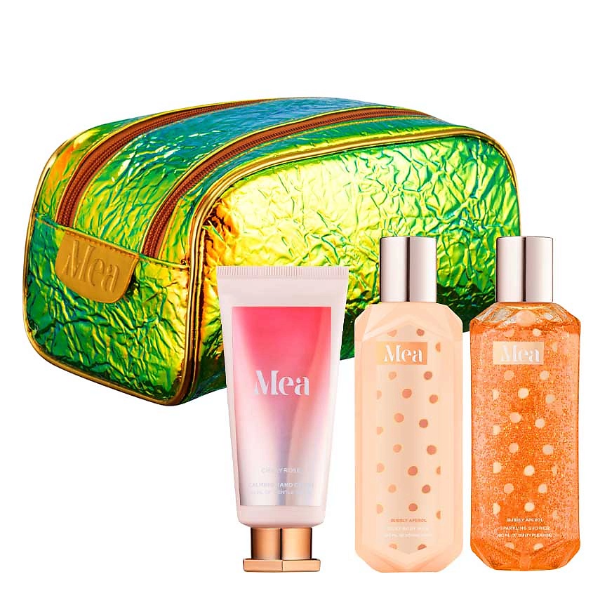 Изображение товара MEA Набор трио золотая голографическая косметичка "Пузырьки апероля", 2x100 мл + 50 мл