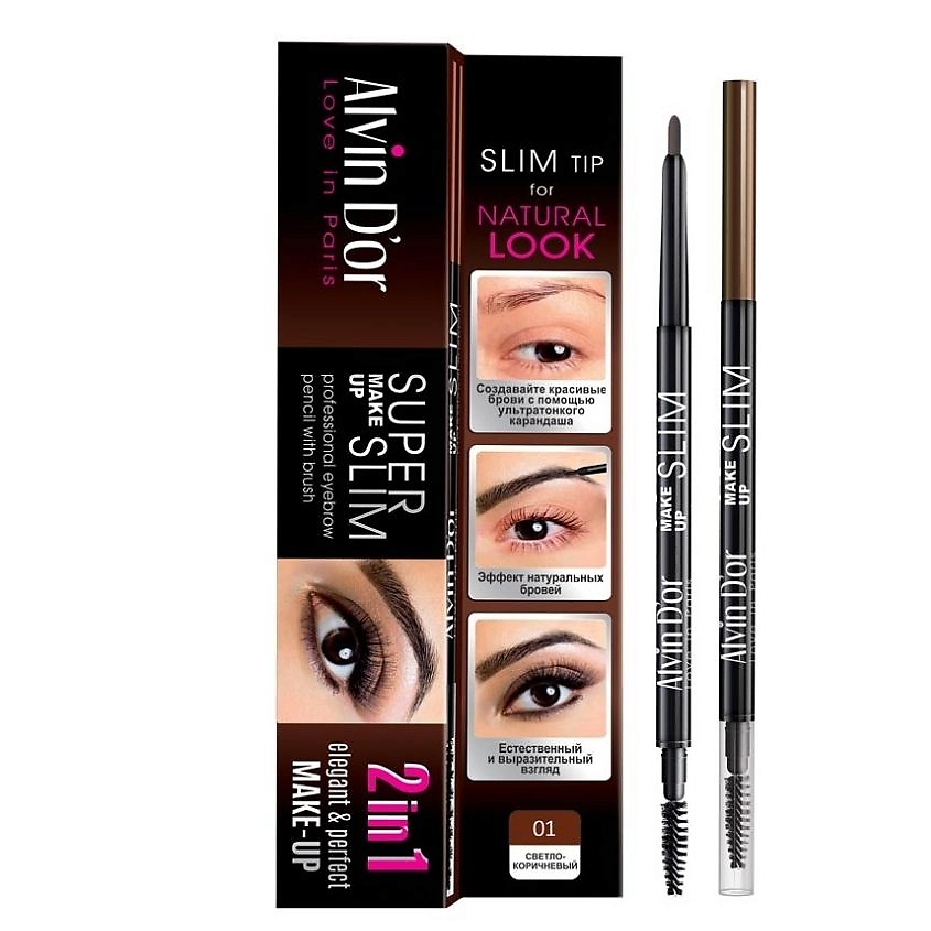 Изображение товара ALVIN D’OR Карандаш для бровей механический с щеточкой Super Slim, 01 Светло-коричневый