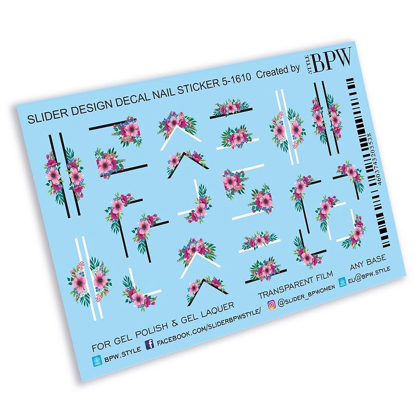 Изображение товара BPW.STYLE Слайдер-дизайн Уголки с цветами для ногтей, яркие рисунки, 1 шт