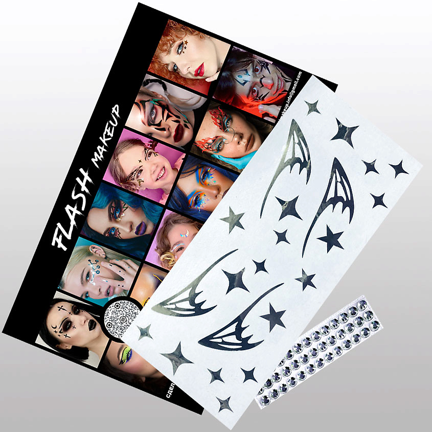 Изображение товара VLASOVA JULIA Наклейки для макияжа крыло дракона зеркальное серебро и стразы F01, наклейки стрелкикрыло дракона для лица серебро -1 лист ; стразы-1 лист ;картонная брендированная упаковка-1 шт; пакет прозрачный-1шт