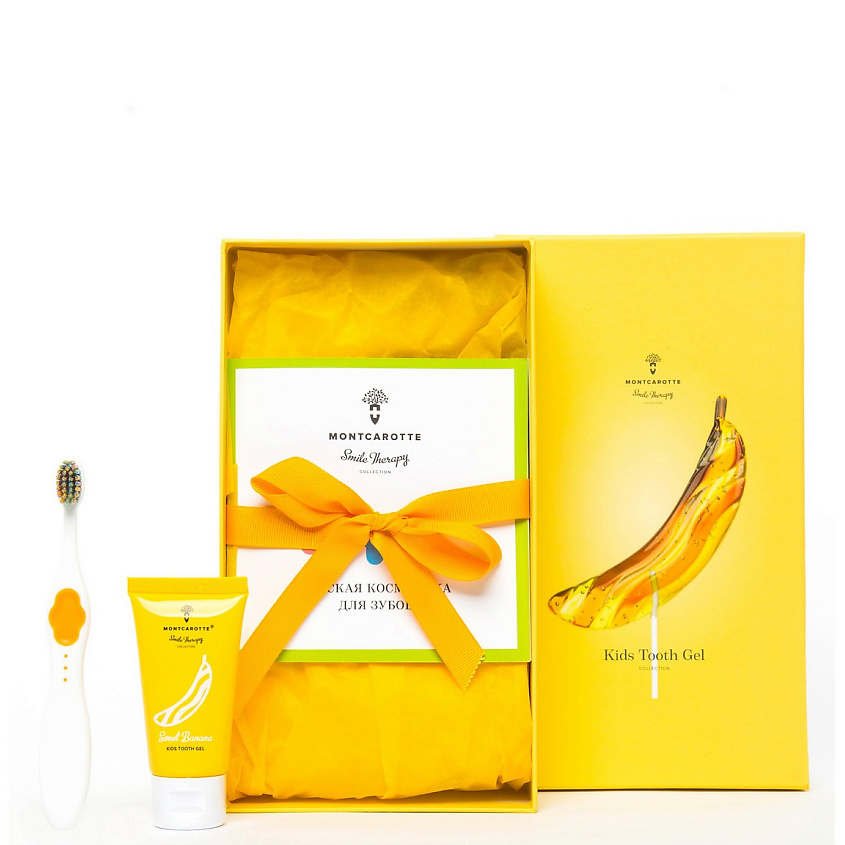Изображение товара MONTCAROTTE Подарочный набор детской косметики для зубов "Сладкий банан", Гель в тюбик - 30 мл, Гель в саше - 5 мл * 5 шт.