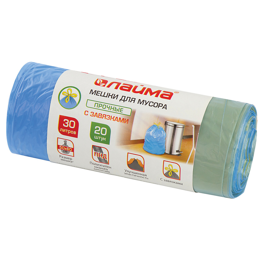 Изображение товара LAIMA Мешки для мусора с завязками прочные, 30 л., 20 шт.