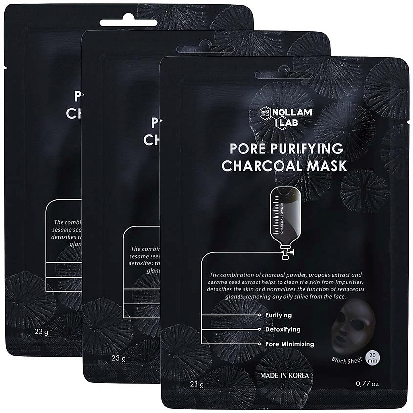 Изображение товара Nollam Lab Набор корейских угольных тканевых масок для очищения лица, 3 шт; 69 г