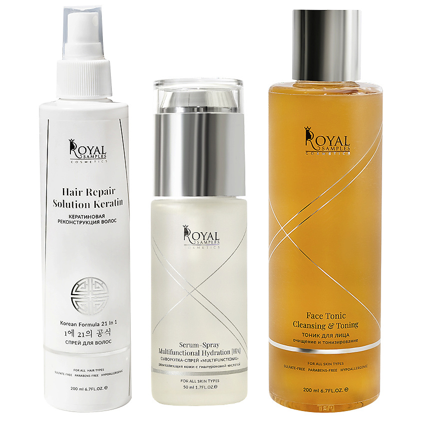 Изображение товара ROYAL SAMPLES Набор спрей для волос , увлажняющая сыворотка для лица , тоник, 200 мл + 50 мл + 200 мл