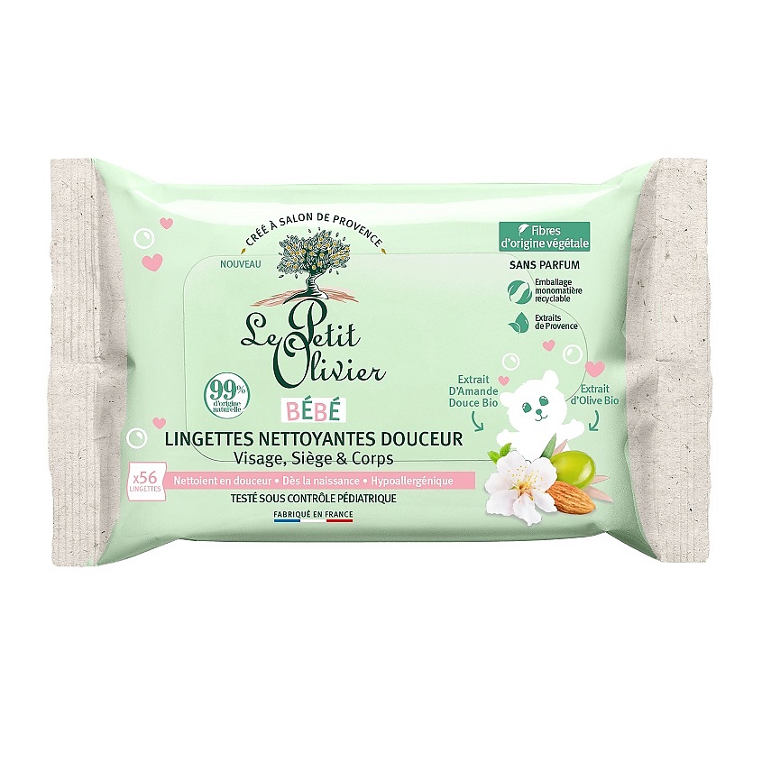Изображение товара LE PETIT OLIVIER Салфетки очищающие детские для лица, тела и области под подгузниками Bébé Bio, 56 шт.