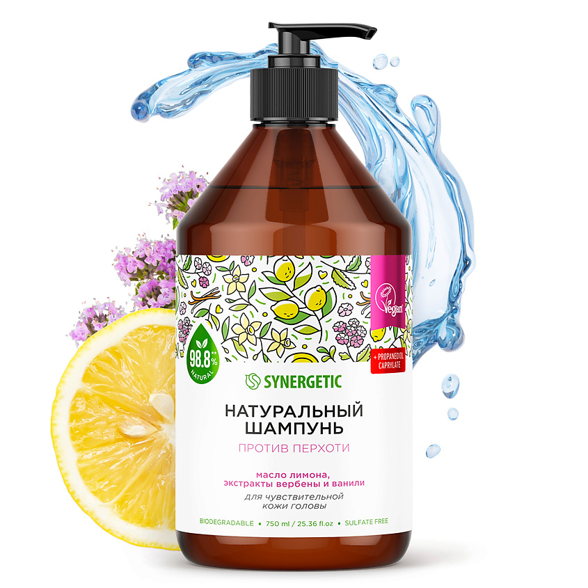 Изображение товара SYNERGETIC Шампунь "Против перхоти для чувствительной кожи головы" натуральный-бессульфатный, 750 мл.