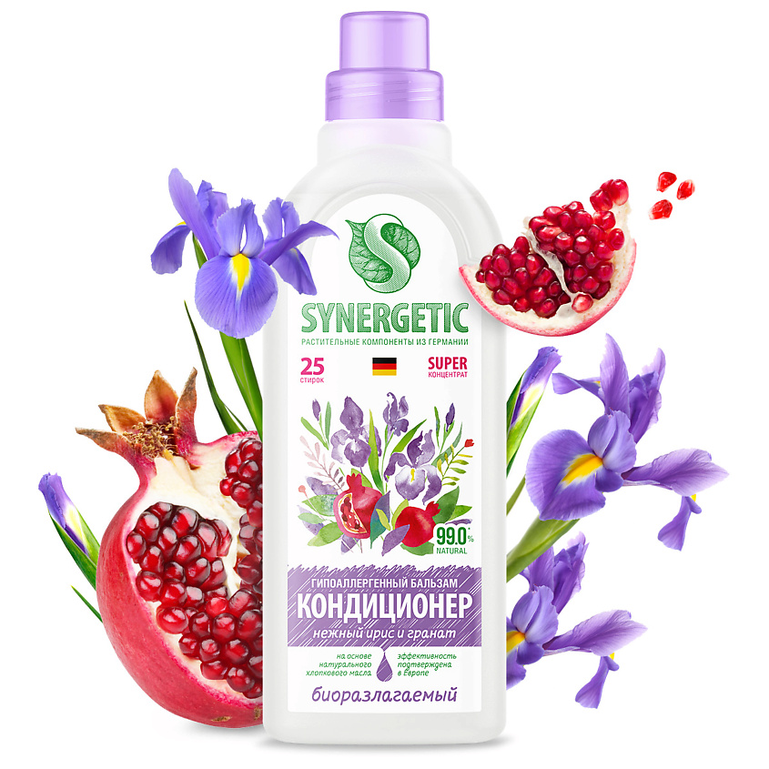 Изображение товара SYNERGETIC Кондиционер - ополаскиватель для стирки белья "Нежный ирис и гранат" гипоаллергенный, 750 мл