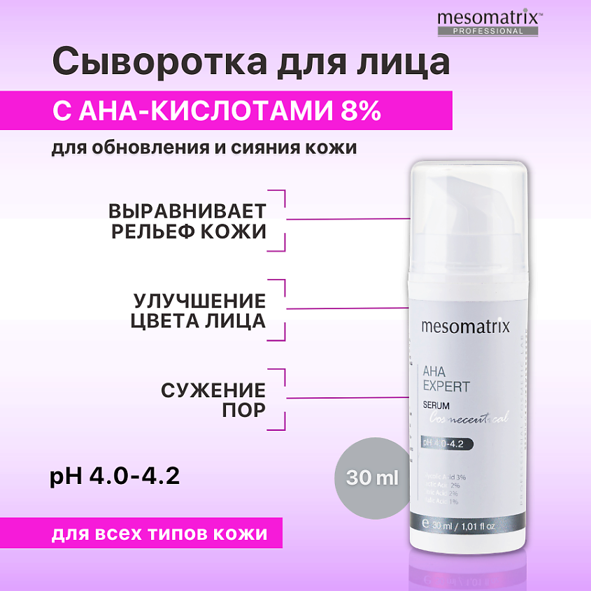 Изображение товара MESOMATRIX Сыворотка для лица с фруктовыми AHA кислотами обновляющая для сужения пор AHA EXPERT, 30 мл