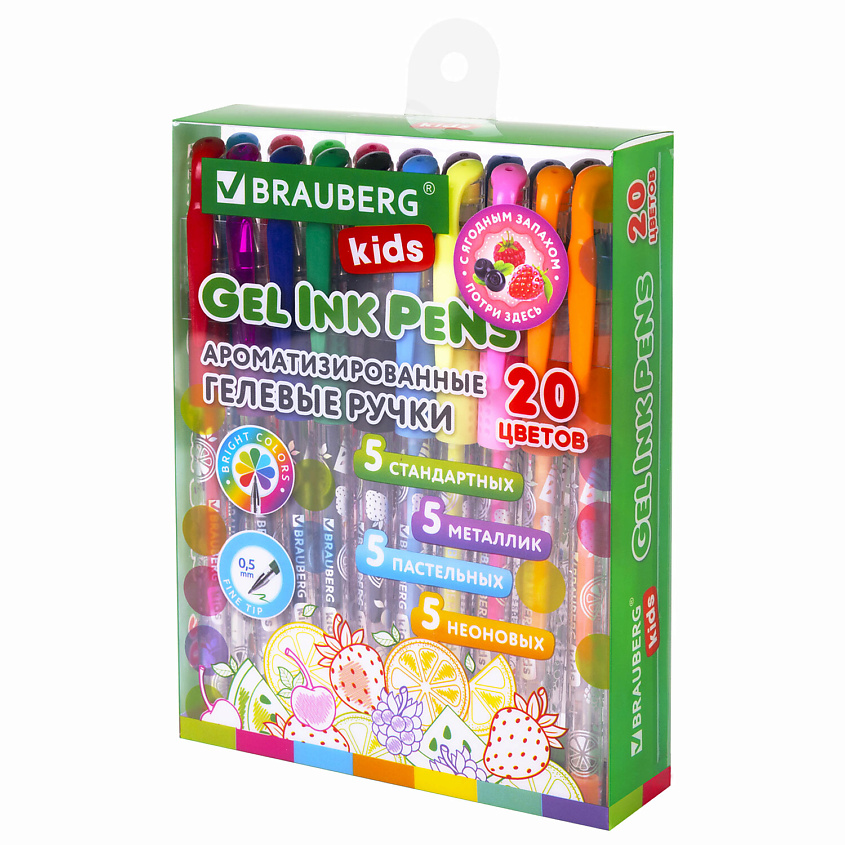 Изображение товара BRAUBERG Ручки гелевые с грипом ароматизированные, FRUITS, KIDS, 20 шт.