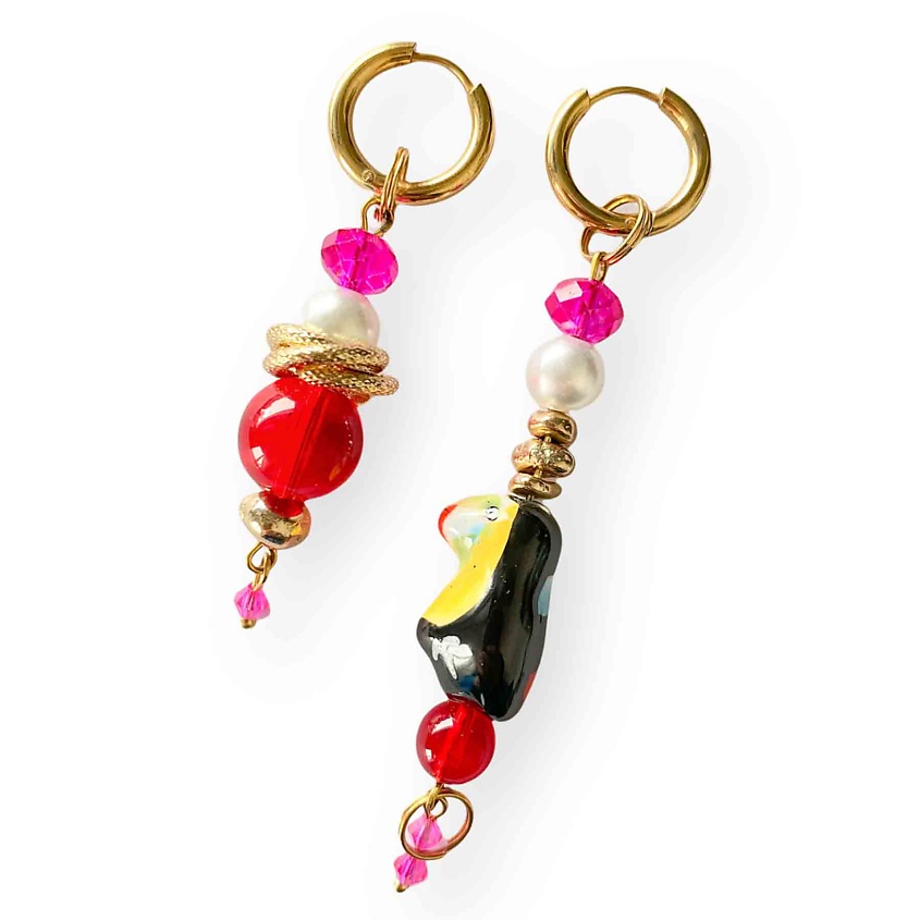 Изображение товара KOKOSHNIKI Сережки женские ручной работы c попугаем туканом висячие, цвет: Красный