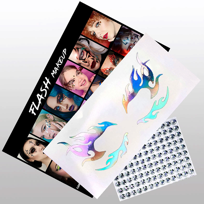 Изображение товара VLASOVA JULIA Наклейки для макияжа набор - стразы и огонь голографический F0304, наклейки огонь для век голографические-1 лист ; стразы-1 лист ;картонная брендированная упаковка-1 шт; пакет прозрачный-1шт