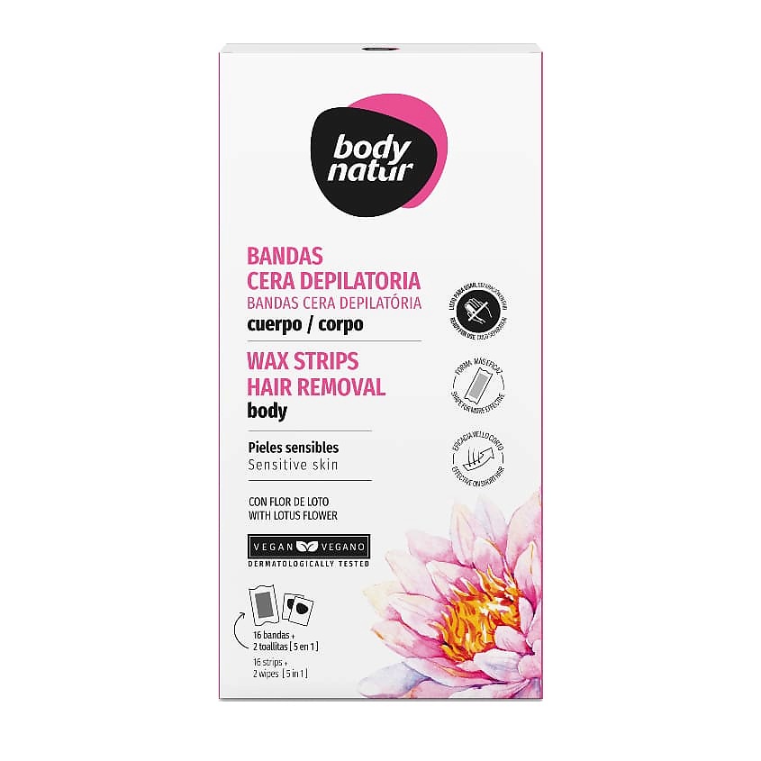Изображение товара BODY NATUR Восковые полоски для депиляции тела для чувствительной кожи с экстрактом цветка лотоса Wax Strips Hair Removal Body, 16 шт. + 2 шт.