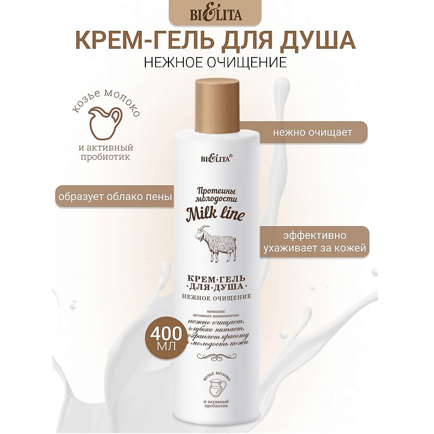 Изображение товара БЕЛИТА Крем-гель для душа Milk line Протеины молодости, 400 мл