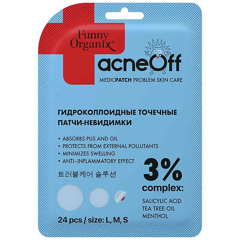 Изображение товара FUNNY ORGANIX Гидроколлоидные точечные патчи-невидимки с салициловой кислотой и ментолом, 24 шт