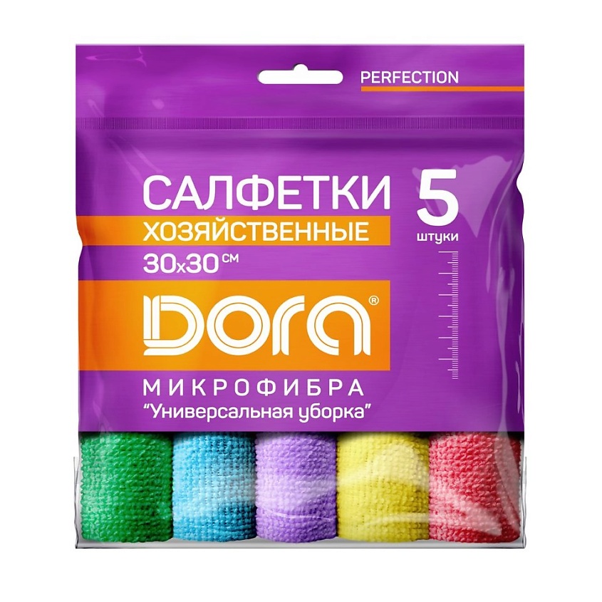 Изображение товара Набор универсальных салфеток из микрофибры DORA 5 шт 30х30 см многоцветные
