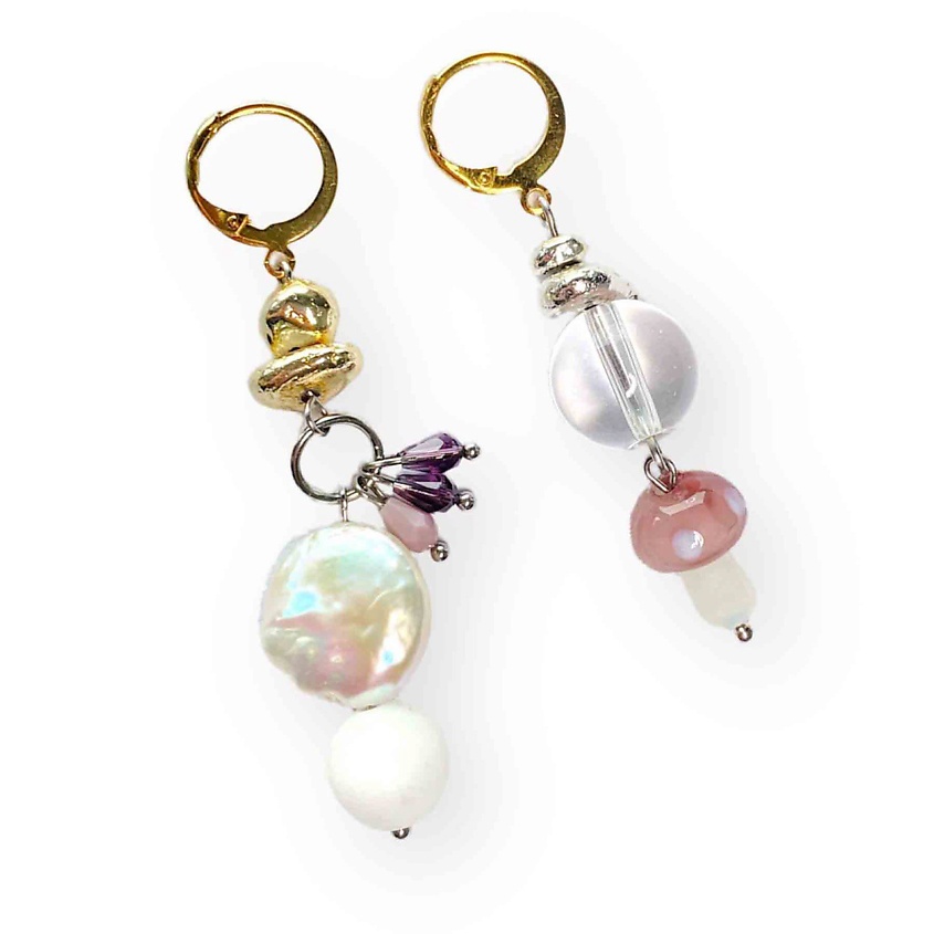 Изображение товара KOKOSHNIKI Серьги асимметричные с жемчугом, муранским стеклом и грибочком, цвет: Серебряный