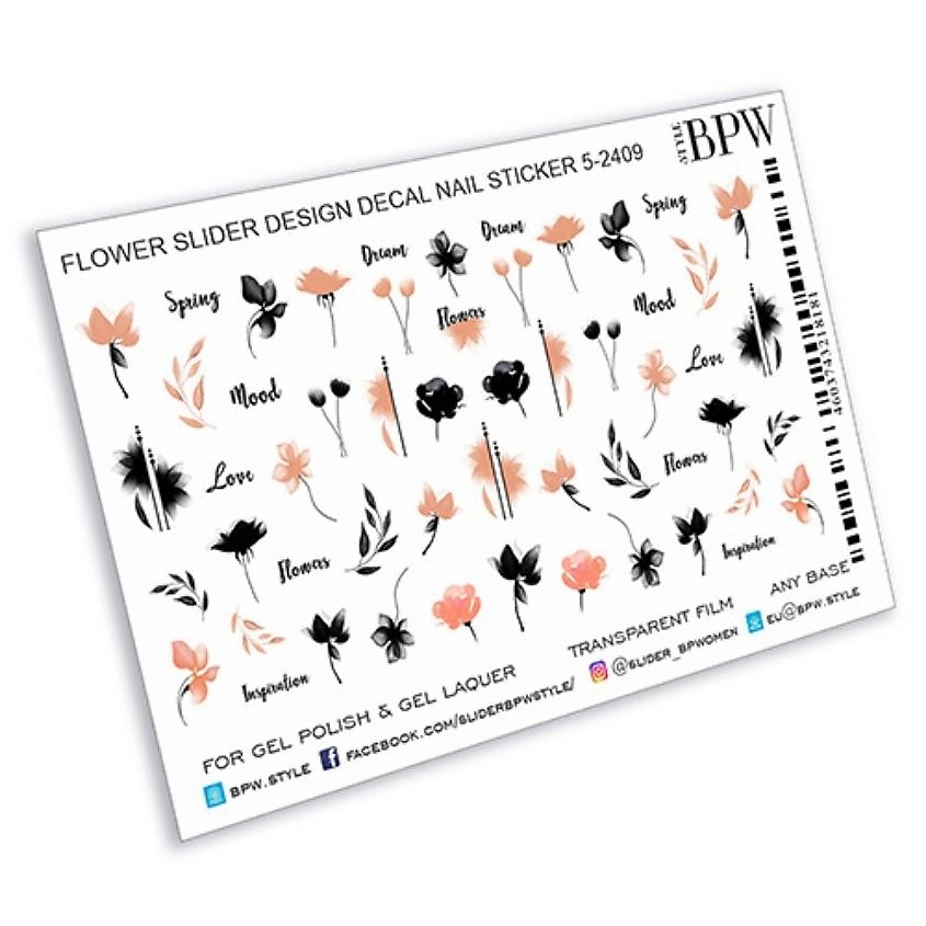Изображение товара BPW.STYLE Слайдер-дизайн Персиковые и черные цветы 1 шт. для оригинального маникюра