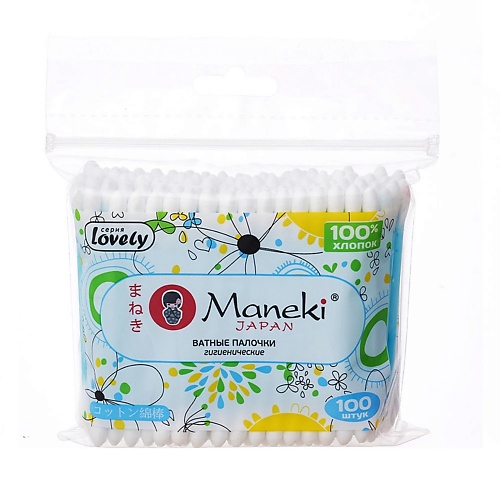 Ватные палочки MANEKI Палочки ватные Lovely с голубым пластиковым стиком в zip-пакете 1
