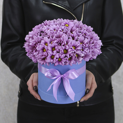 

FLORPRO Нежно-сиреневая кустовая хризантема в голубой коробке Мэджик, Нежно-сиреневая кустовая хризантема в голубой коробке Мэджик
