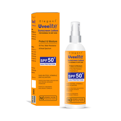 

ELEGANT COSMED Солнцезащитный лосьон SPF 50+ для нормальной и сухой кожи Uveelite 100.0, Солнцезащитный лосьон SPF 50+ для нормальной и сухой кожи Uveelite