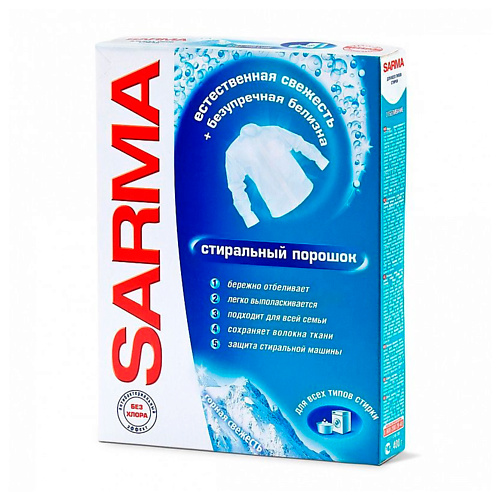 

SARMA Средство для стирки порошкообразное Горная свежесть Универсальный 400.0, Средство для стирки порошкообразное Горная свежесть Универсальный