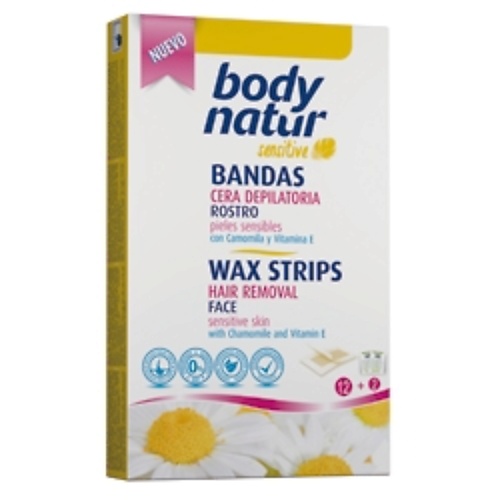 

BODY NATUR Восковые полоски для лица для чувствительной кожи с ромашкой и витамином Е Wax Strips Hair Removal Face, Восковые полоски для лица для чувствительной кожи с ромашкой и витамином Е Wax Strips Hair Removal Face