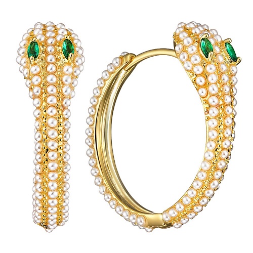 

UVI JEWELLERY Золотистые серьги Змеи с микрожемчугом и зелеными кристаллами, Золотистые серьги Змеи с микрожемчугом и зелеными кристаллами