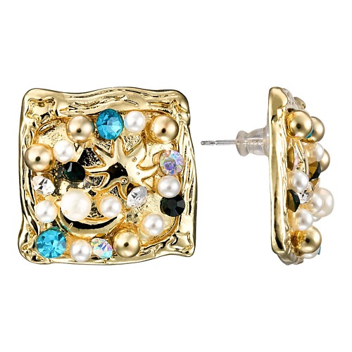 

UVI JEWELLERY Золотистые серьги с микрожемчугом и разноцветными кристаллами, Золотистые серьги с микрожемчугом и разноцветными кристаллами