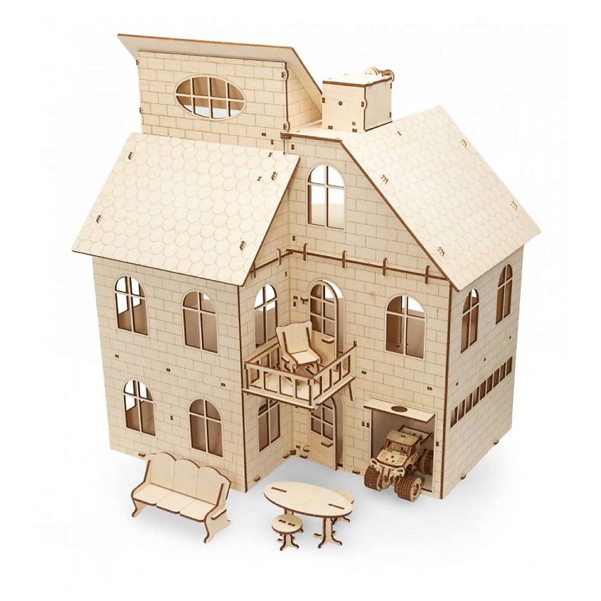 EWA ECO-WOOD-ART Деревянный конструктор 3D Кукольный дом с лифтом, 131 ...