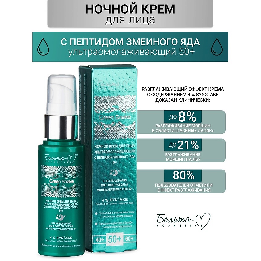 БЕЛИТА-М Крем для лица Ночной ультраомолаживающий 50+ Green Snake, 50 ...