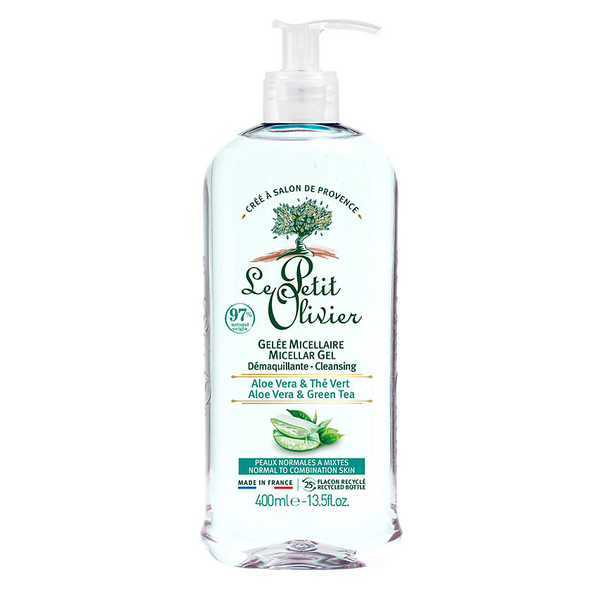 Изображение товара LE PETIT OLIVIER Желе мицеллярное для снятия макияжа Алоэ Вера-Зеленый Чай для нормальной/комбинированной кожи Aloe Vera & Green Tea Micellar Gel, 400 мл