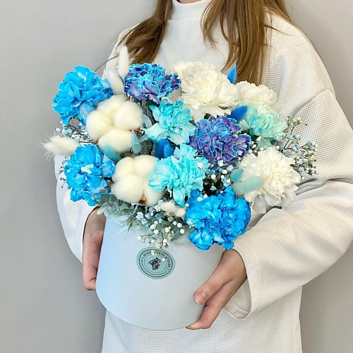 

JULES FLOWER ATELIER «Морской прибой» Цветы в коробке с яркими диантусами и хлопком, «Морской прибой» Цветы в коробке с яркими диантусами и хлопком
