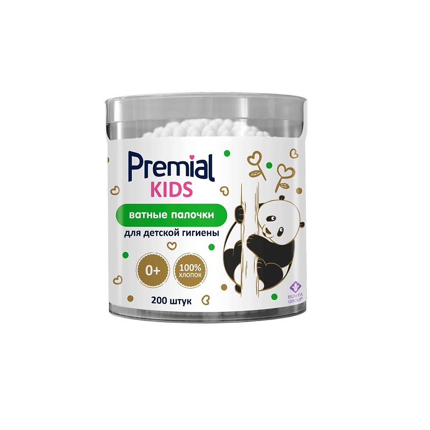 Изображение товара PREMIAL KIDS ватные палочки 200 шт для детей в цилиндре безопасные гипоаллергенные