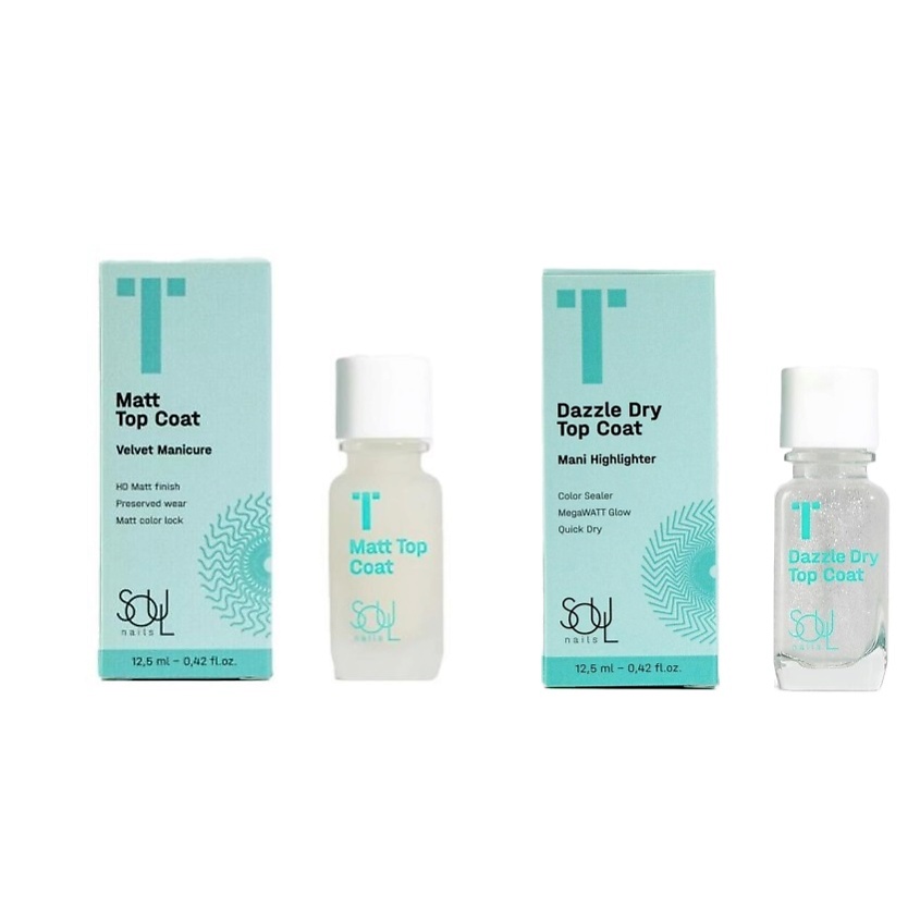 Изображение товара SOULNAILS Набор SOUL Dazzle Dry + Matt Top Coats, в наборе 2 шт; матовый топ и блестящий топ