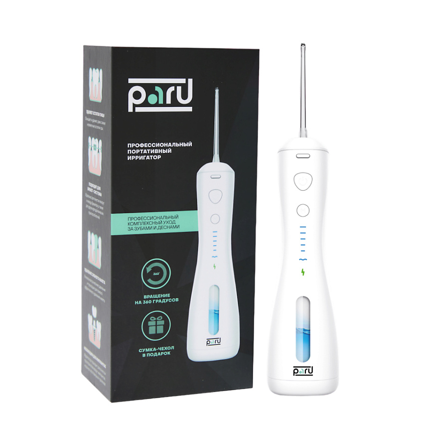 Изображение товара PARU Портативный ирригатор для полости рта, 250 мл, 8 насадок, 6 режимов, белый