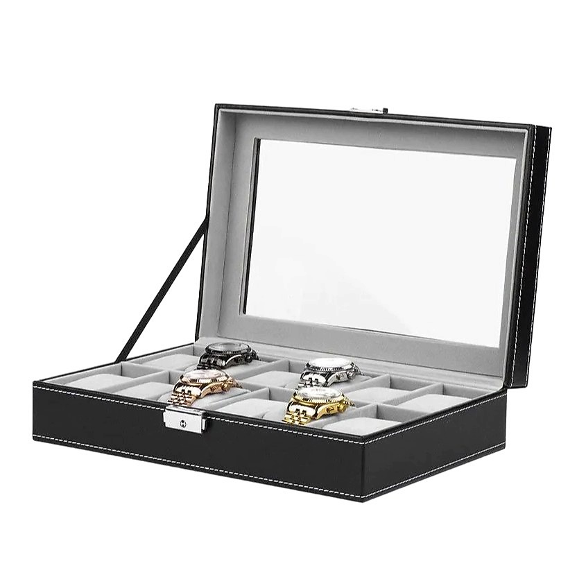 Изображение товара CLOX Шкатулка для хранения 12 часов, черная с белой строчкой, W94, Черный