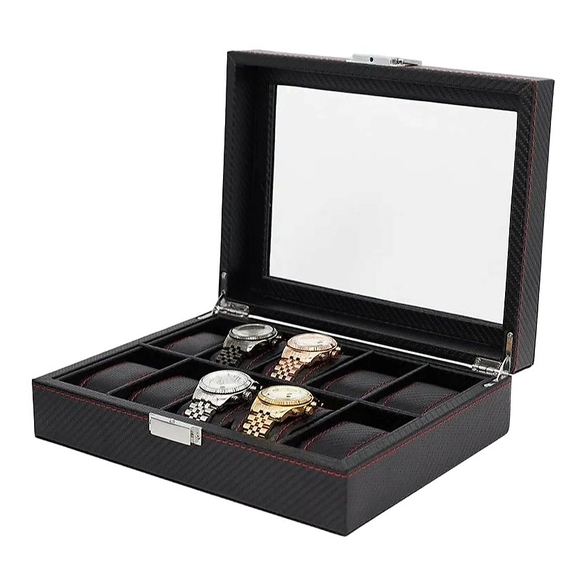 Изображение товара CLOX Шкатулка для хранения десяти часов, карбон, красная строчка, MTW111, Черный