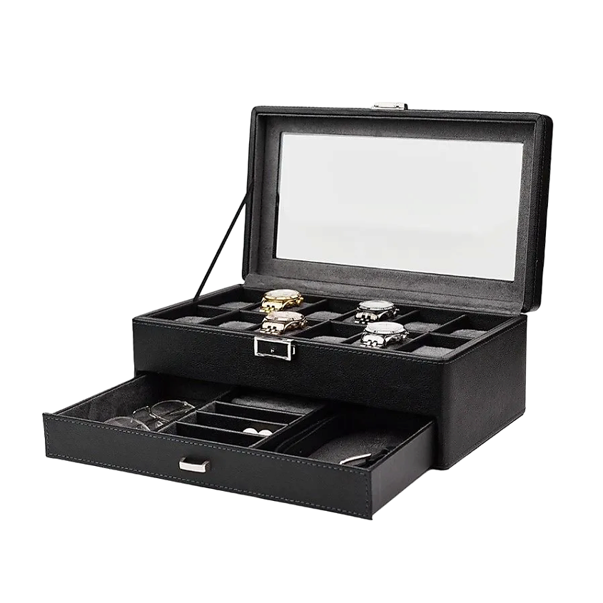 Изображение товара Большая двухуровневая шкатулка для часов и украшений CLOX W154BG Черная