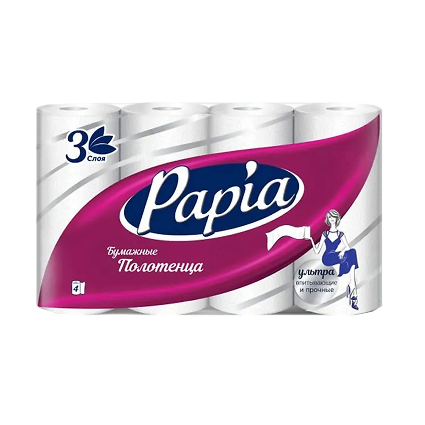 Изображение товара Бумажные полотенца PAPIA 3 слоя, 4 рулона по 90 листов