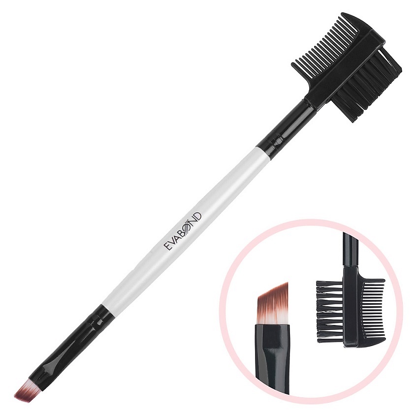 Изображение товара EVABOND Кисть макияжная двухсторонняя для бровей скошенная и щеточка-расческа, Комбинированный, 1шт