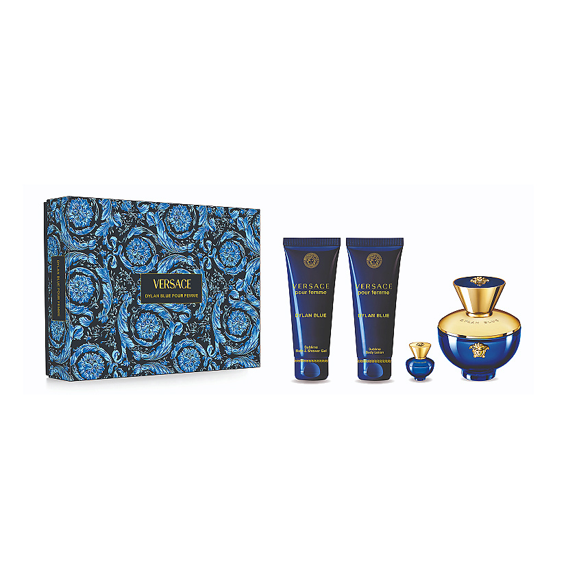 Изображение товара VERSACE Подарочный набор женский Dylan Blue Pour Femme Set, Парфюмерная вода, спрей 100 мл + гель для душа 100 мл + лосьон для тела 100 мл + Парфюмерная вода, спрей 5 мл