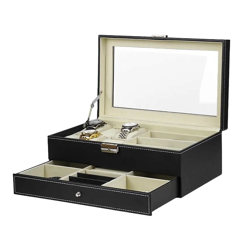 Изображение товара CLOX Шкатулка для часов и украшений, 2 яруса, 12 слотов для часов, W117, Черный