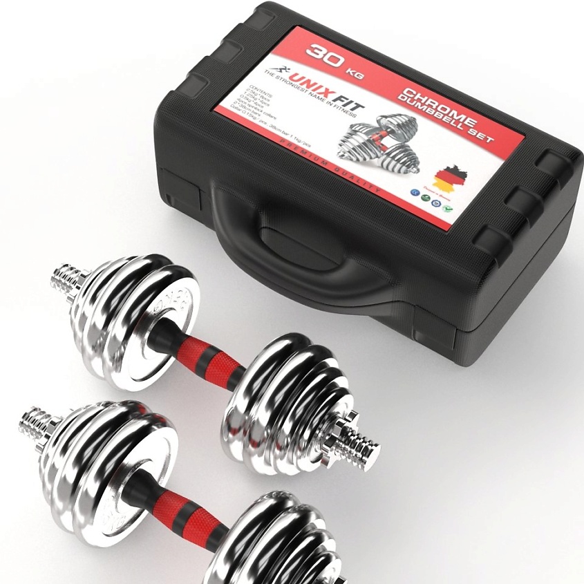 Изображение товара Набор гантелей UNIXFIT в кейсе 30 кг регулируемый для домашних тренировок