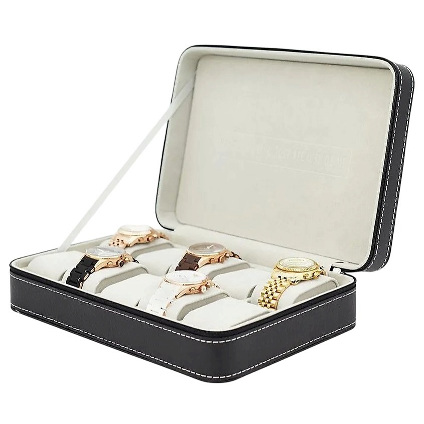 Изображение товара CLOX Шкатулка для хранения 10 часов с замком дорожная черная из искусственной кожи