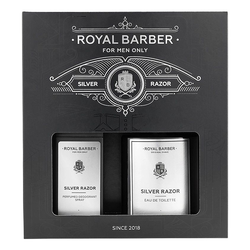 Изображение товара ROYAL BARBER Набор для мужчин "Silver Razor", Туалетная вода, спрей 100 мл + парфюмированный дезодорант-спрей 100 мл