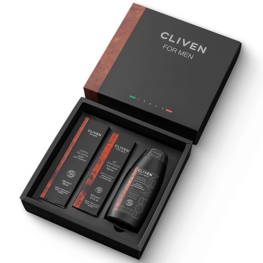 Изображение товара Подарочный набор косметики для мужчин Cliven: шампунь, крем и гель