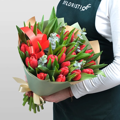

STUDIO FLORISTIC Букет Тюльпанов 25 шт с эвкалиптом «Страстная Любовь», Букет Тюльпанов 25 шт с эвкалиптом «Страстная Любовь»
