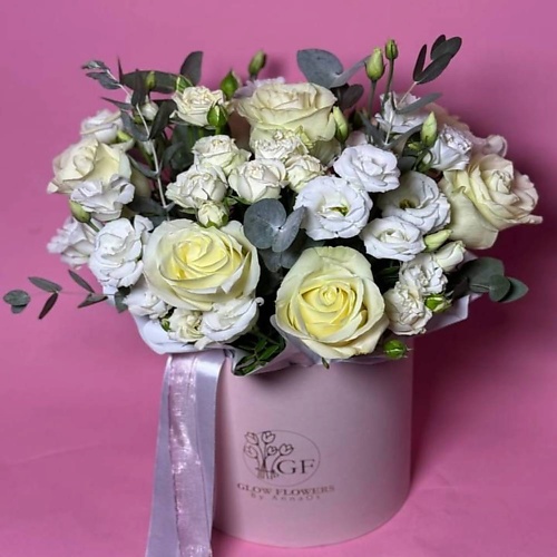 

GLOW FLOWERS Букет из роз и эустомы в коробке, Букет из роз и эустомы в коробке